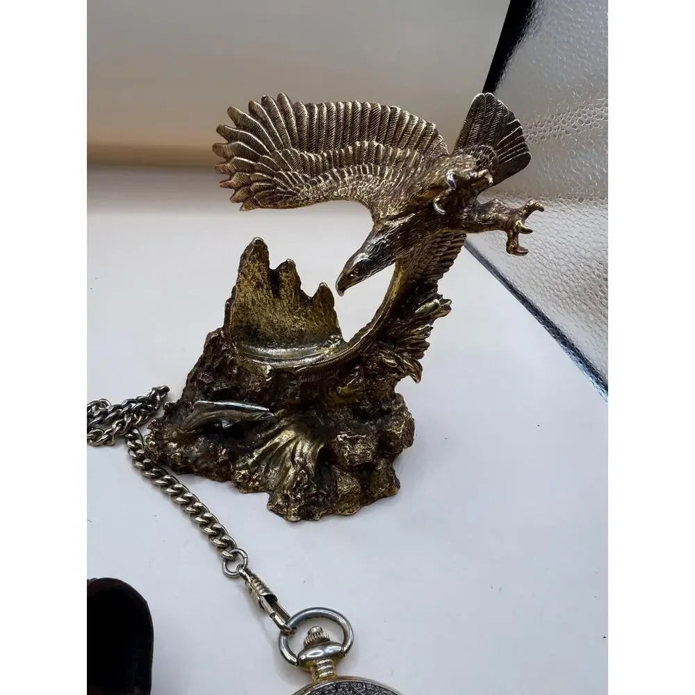 VTG Franklin Mint Bald Eagle Pocket Watch by Ted Blaylock Stand, Chain & Pouch